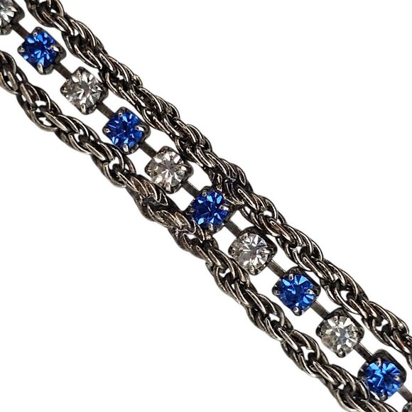 Vintage Silver Tone Tennis Chain Bracelet Blue Clear Rhinestones 7" Signed - Picture 2 of 10